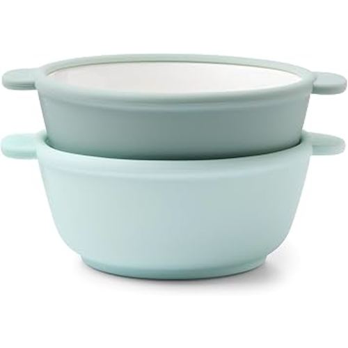 Ello Clean Start Toddler Bowls 2 Pack | Ceramic Kids/Baby Bowls with Silicone Sleeves | BPA-Free, Plastic-Free | Microwave & Dishwasher Safe | High Chair Friendly, Stackable | Dewdrop/Grayed Jade
