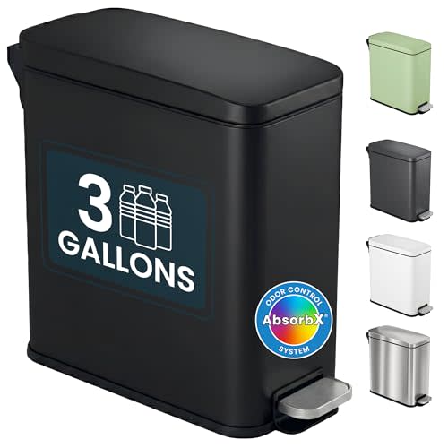 iTouchless 3 Gallon Slim Bathroom Trash Can with Lid, Odor Filter, Soft-Step Stainless Steel Pedal Bin for Narrow Space, Smudge-Resistant Wastebasket for Modern Farmhouse Industrial Decor, Matte Black
