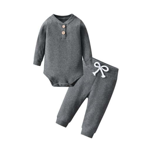 Newborn Baby Boy Clothes Long Sleeve Romper Solid Pants Outfits Set Dark Gray 3-6 Months