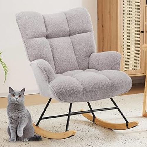 Nursery Rocking Chair Teddy Upholstered Glider Rocker Rocking Accent Chair with High Backrest Comfy Armchair with Padded Seat Soft Side Chair for Living Room Bedroom Office (Grey Teddy)