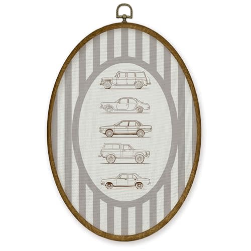 JMENGSSFL Vintage Car Boy Nursery Oval Wall Art Decor, Vehicle Canvas Prints, Neutral Gingham Car Framed Wall Art for Kids Boy Toddler Room Playroom Decor, 8.6x11.4 Inch