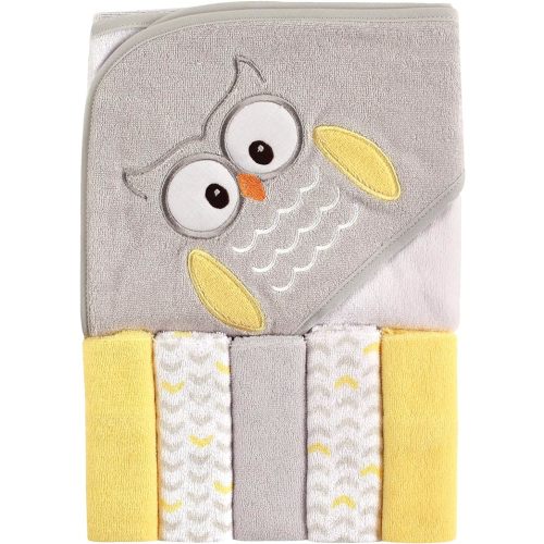 Luvable Friends Unisex Baby Hooded Towel with Five Washcloths, Owl, One Size