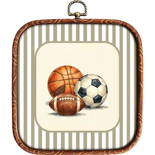 XiZoDinia Vintage Sports Balls Nursery Wall Art, Basketball Soccer Football Boys Room Square Framed Prints, Striped Wall Hanging Decor, Great Present for Boys Kids Playroom Bedroom Home Decor, 7.1 x 7.9 Inches (Sports Balls)