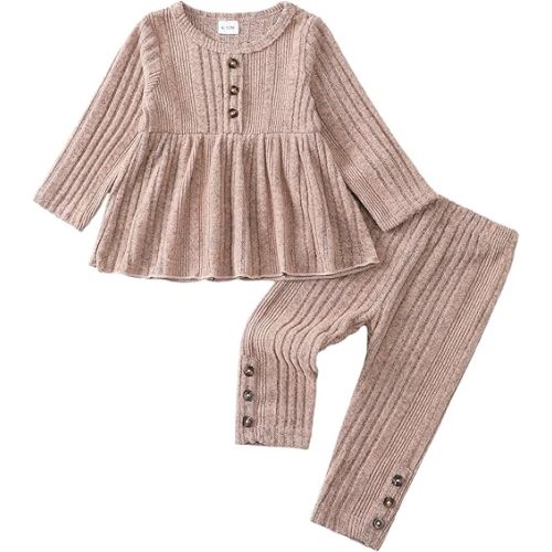 Kucnuzki Toddler Baby Girl Clothes Outfit Long Sleeve Plain T Shirt Top Baby Girl Pants Leggings Two Piece Outfits Set