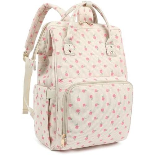 Corduroy Diaper Bag Backpack for Women, Large Capacity Baby Bag for Mom and Girls Boys with Stroller Straps (Flowers Pink)