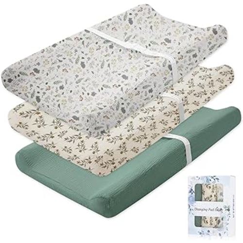 Muslin Changing Pad Cover, Changing Table Pad Cover, Ultra Soft Breathable Boho Changing Pad Sheets Fit for Standard Changing Pad 16" x 32", 3 Pack (Roman Green & Forest & Leaves)