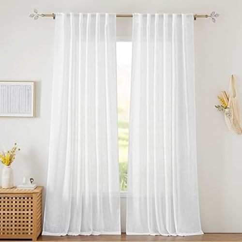 RYB HOME White Curtains Sheer - Linen Texture Sheer Window Covering, Light & Airy Translucent Panels for Bedroom Living Room Patio Glass Door, 52 inch Width x 95 inch Length, Set of 2