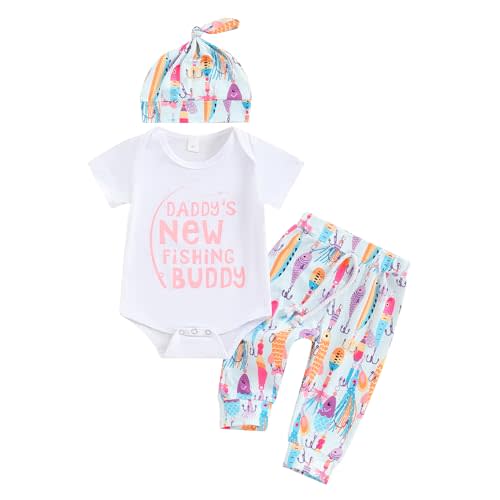 Youweixiong Newborn Baby Boy Girl Summer Clothes Short Sleeve Funny Letters Romper Top Fish Pants Hat 3Pcs Coming Home Outfit