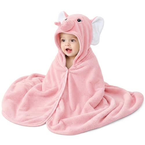 ROMASA Baby Bath Towel Ultra Soft Hooded Towel Highly Absorbent Bathrobe Blanket Toddlers Shower Gifts for Boys Girls-27.5" x 55" (Pink Elephant)