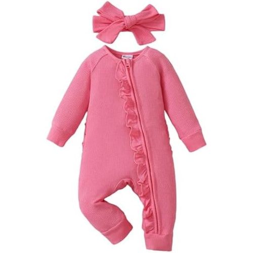 Mikrdoo Newborn Infant Baby Girl Clothes Fall Winter Outfits Long Sleeve Zipper Rompers with Headband