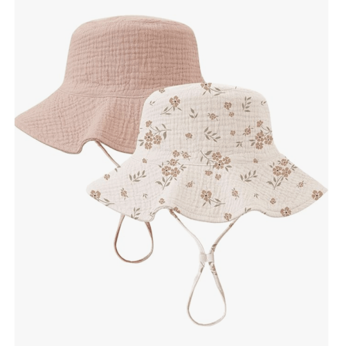 Konssy 2 Pack Muslin Baby Sun Hat UPF 50+ Sun Protection Baby Bucket Hat Summer Beach Hats with Wide Brim for Boys & Girls