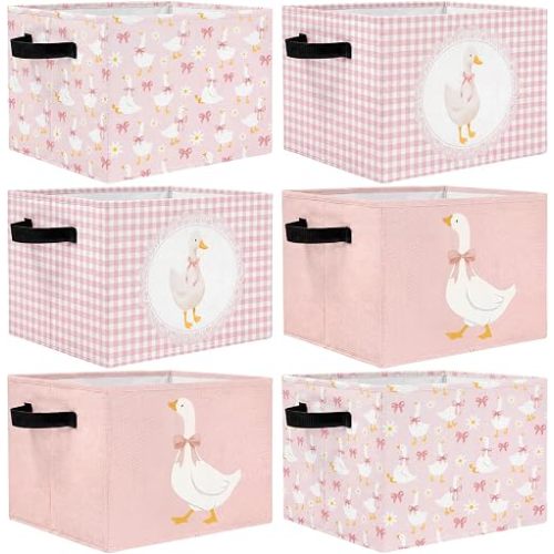 CHENGU 6 Pack Pink Silly Goose Storage Bin Cute Collapsible Storage Basket for Girl Large Foldable Laundry Box with Handle Decorative Clothing Basket for Girl Nursery Bedroom Home Baby Shower Birthday