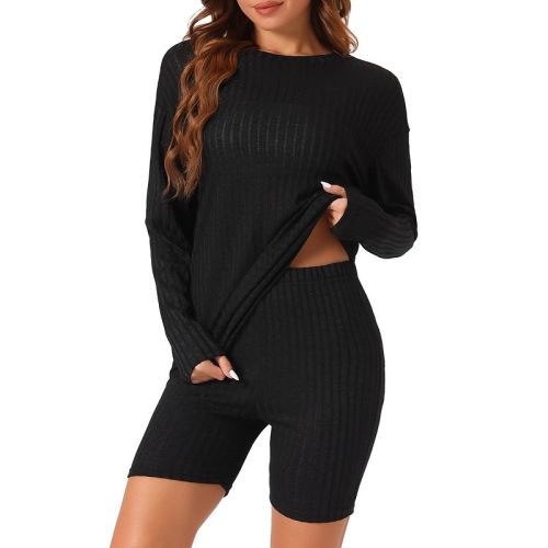 Womens Pajamas 2 Piece Sets Ribbed Knit Outfits Long Sleeved Top With Slim Biker Shorts Lounge Set