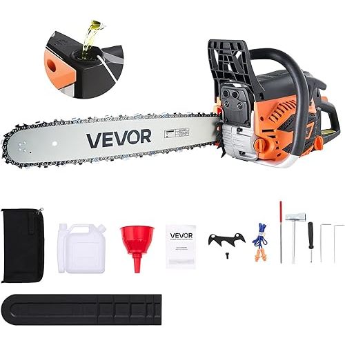 VEVOR 20inch 62CC Gas Powered Chainsaw, 3.8 HP 2 Stroke Engine Gas Power Chainsaws with Non-Slip Handle, Gas Chainsaws with Dual Fuel Tanks, For Wood Cutting, Tree Trimming, and Land Clearing
