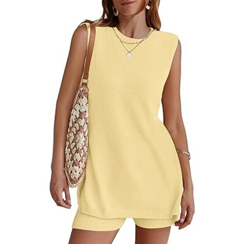 NENONA Women's Summer Sleeveless Sweater Lounge Sets Casual Loose Fit Tunic Tops and Shorts 2 Piece Beach Vacation Outfits
