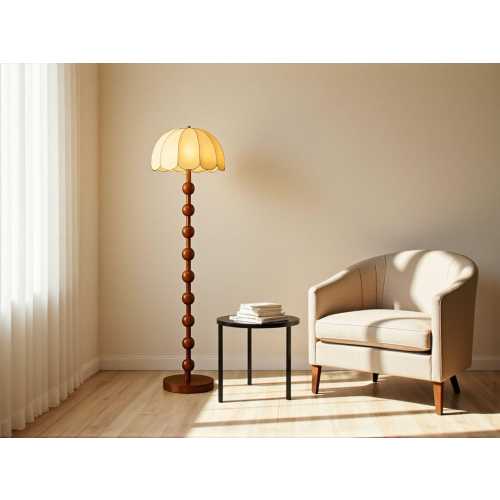Modern Mushroom Floor Lamp: Dimmable Beige Fabric Shade & Walnut Base