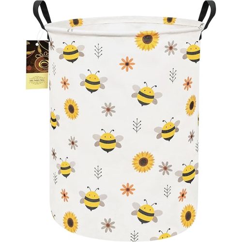 HUNRUNG Laundry Hamper,Large Canvas Fabric Lightweight Storage Basket Toy Organizer Dirty Clothes Collapsible Waterproof for College Dorms(Round-Bee)