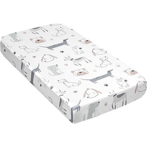 Sweet Jojo Designs Dog Boy Girl Unisex/Gender Neutral Baby Satin Fitted Crib Sheet Infant Newborn Nursery Toddler Bed Room Grey Taupe Blue Modern Puppy Pet Watercolor Puppies Bulldog Wiener Paw Print