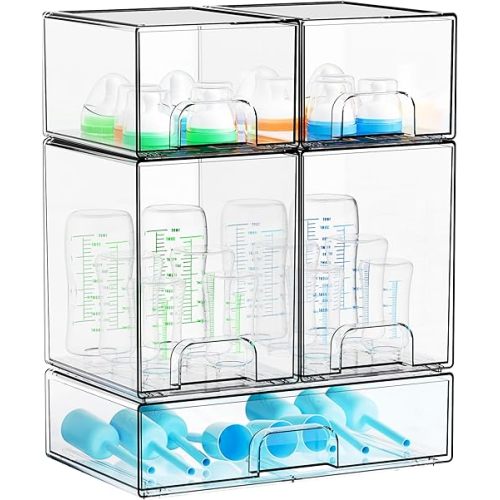 Yieach 5 Set Clear Baby Bottle Organizer for Countertop,BPA FREE Bottle Station Organizer for Breast Pump Parts,Pacifier and Baby Accessories,Stackable Drawers for Bathroom,Cabinet,Pantry Organization