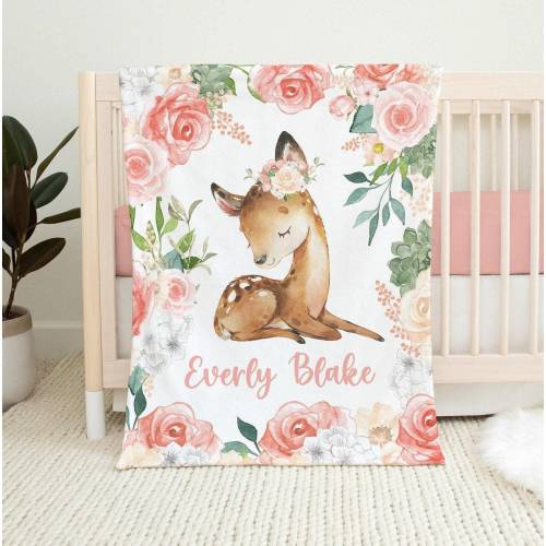 Peach Floral Deer Blanket, Girl Woodland Deer Baby Blanket, Personalized Girl Name Blanket, Floral Girl Blanket, Woodland Animal Nursery