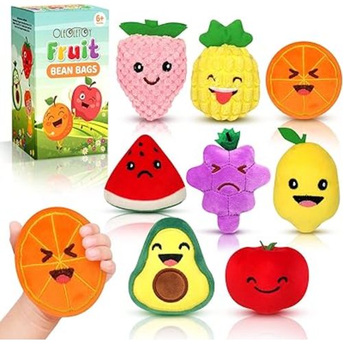 Sensory Toys for Kids, 8 Pack Mini Fruit Soft Stuffed Plush Toy for Girls or Boys as Party Decorations, Toddler Pretend Play Kitchen Food, Strawberry, Avocado, Pineapple and Orange