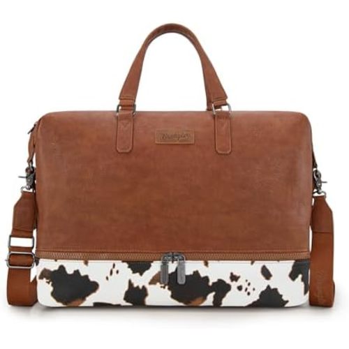 Wrangler Travel Duffel Bag Carry On Overnight Bag with Shoe Compartment Cow Print Weekender Bag for Women WG253-5110COW-BR