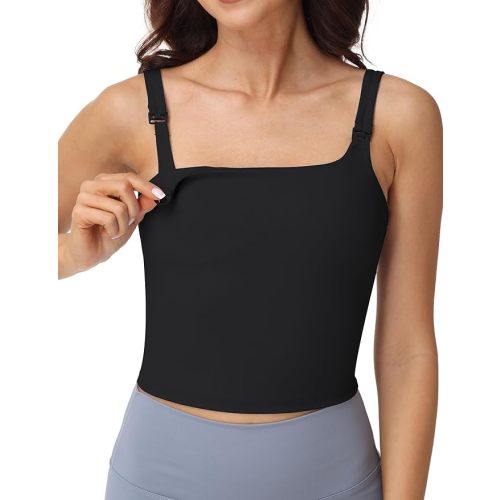 Nursing Tank Tops Square Neck Longline Nursing Sports Bras for Breastfeeding Crop Tank Top with Built in Bra