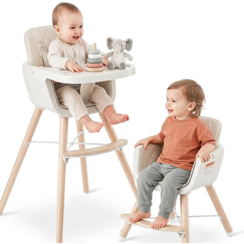 Mallify 3-in-1 Wooden High Chair, Convertible High Chairs for Babies and Toddlers, Baby Highchair with Adjustable Legs & Dishwasher-Safe Tray, Sleek Hardwood & Premium PU Cushion, Beige