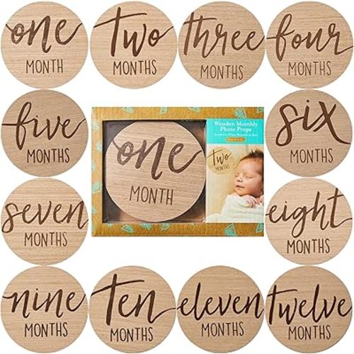 Kate & Milo Baby Monthly Milestone Marker Discs - Classic Cursive Script Wooden Discs with Reversible Photo Props for Baby Announcement and Milestones, Gender-Neutral Gift for Newborn Boy and Girl