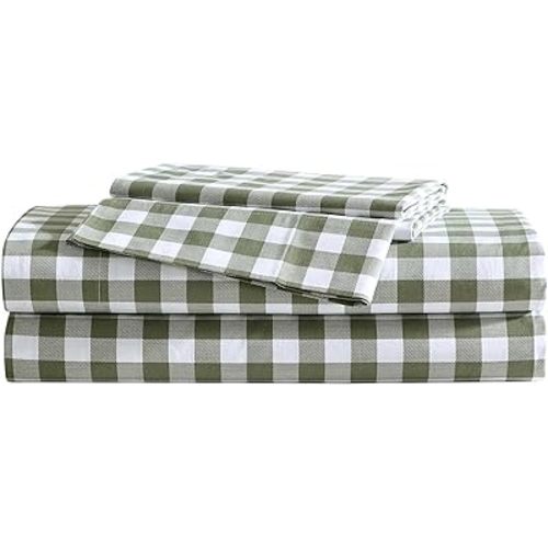Eddie Bauer - Twin Sheet Set, Crisp & Cooling Sheets w/a Naturally Smooth Cotton Percale Lightweight Feel - Matching Pillowcase & Deep Pocket Fitted Sheet (Preston Check Green)
