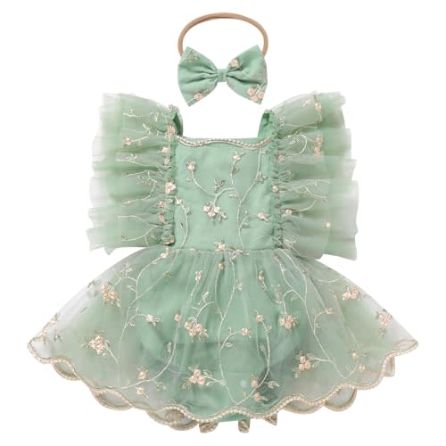 ODASDO Baby Girl Floral Embroidery Tulle Tutu Princess Romper Dress First Birthday Cake Smash Outfit with Bowknot Headband