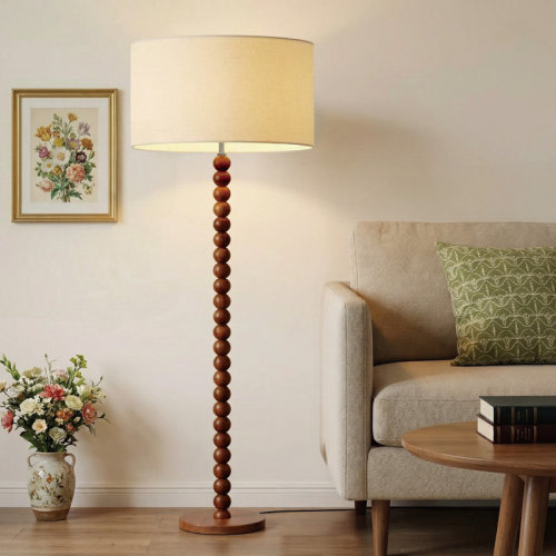 George Oliver Nordic Solid Wood Globe Floor Lamp With Linen Drum Shade, Walnut Finish, E26 Socket, Ul Listed | Wayfair