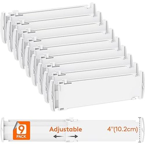 Lifewit 4" Tall 9 Pack Drawer Dividers, 35-56.5cm/13.8-22.2" Expandable Drawer Divider for Clothes, Adjustable Dresser Drawer Organizers, Drawers Separators for Dresser/Bathroom/Closet/Kitchen White