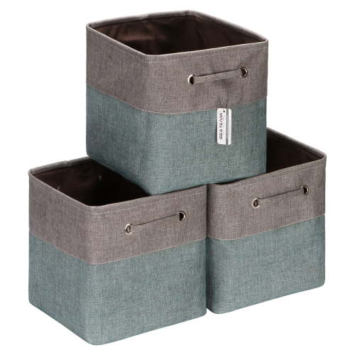 Sea Team 3-Pack Cubic Storage Basket Set, Storage Cube Organizer, Clothes Toys Bin, 11 x 11 x 11 Inches, Big Square Canvas Fabric Collapsible Shelf Box with Handles, Stone Blue & Grey
