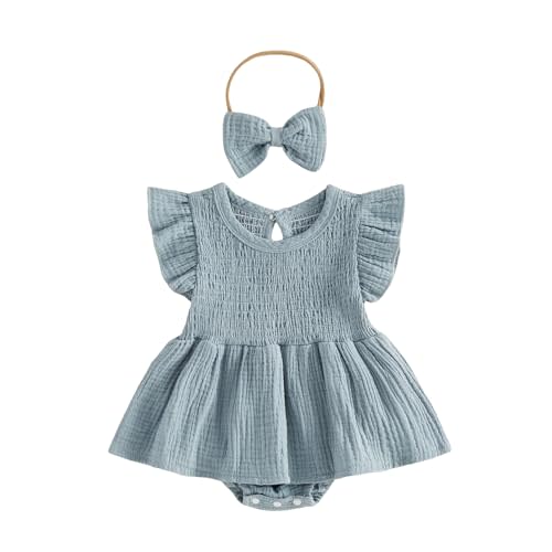 Baby Girl Clothes Smocked Romper Dress Flutter Sleeve Jumpsuit with Headband Cute Newborn Girls Summer Outfit