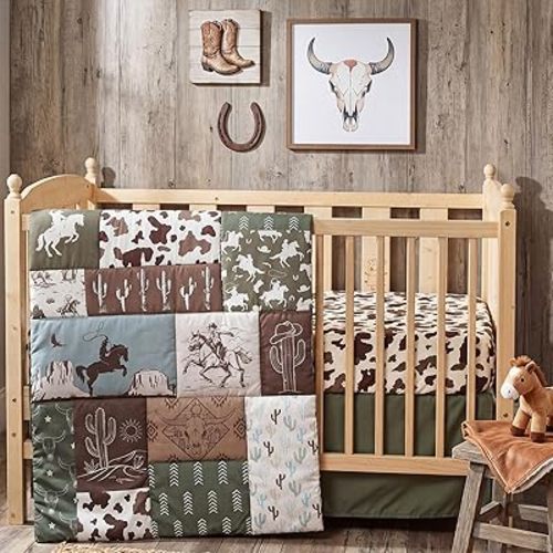 Peryiter 3 Pcs Western Cowboy Crib Sheet Set Baby Crib Bedding Set Includes 52"x28" Fitted Sheet, Quilt, Bed Skirt for Newborn Boy Girl Cute Nursery Newborn Sheets Decor