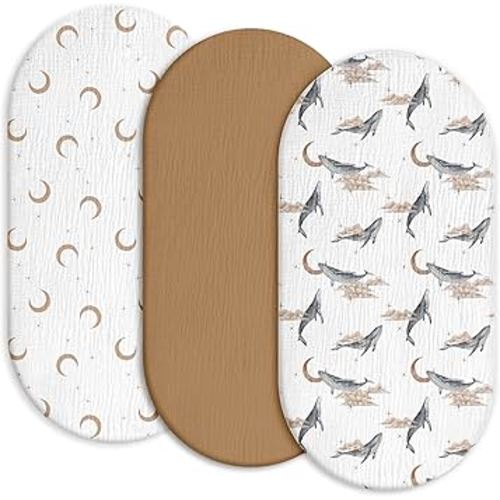 Gllquen Baby Muslin Bassinet Sheets 3 Pack, Breathable Elastic Cozy Fitted Cotton Bassinet Mattress Sheet for Baby Boy Girls, Fit for Hourglass Oval Rectangular Cradle Pad Sheets 33"x17" (Whale)