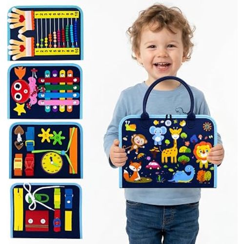 Montessori Busy Board for Toddlers 1-3, 4 Pages 15+ Activities Sensory Toy, ABC Numbers Colors Motor Skills Toy, Toddler Quiet Book Travel Toy, Preschool Educational for Boys Girls, Blue Zoo