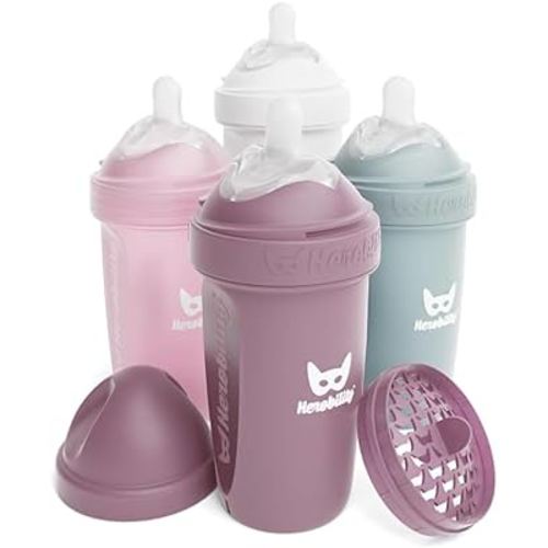 Herobility Double Anti-Colic Baby Bottles – 8.5 fl oz/240ml – 4-Pack – Multicolor – White, Gray, Pink, Hawthorn Rose