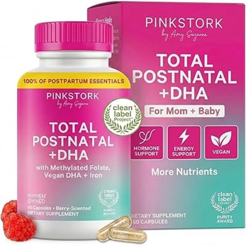 Pink Stork Total Postnatal Vitamins for Women | Vegan DHA, Iron, Folate, B12 | Postpartum Recovery Essentials | Lactation Support for Breastfeeding Moms | Third-Party Tested - 60 Capsules, Berry