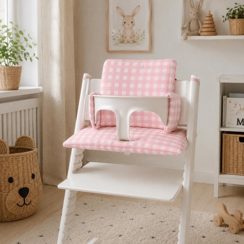 Personalized High Chair Cushion | Pink Gingham Baby Seat Pad Cover (Compatible with Stokke Tripp Trapp)