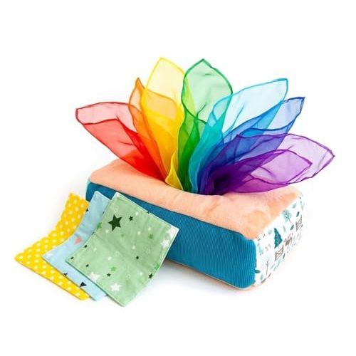Baby Tissue Box Toy - Montessori Play for Infants and Toddlers - Sensory Textured Box with 12pcs Matching Colorful Scarves and 3pcs Crinkle Paper