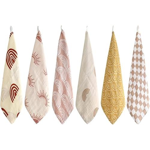 LifeTree Baby Muslin Washcloths, Soft 6 Pack Baby Wash Cloths Unisex for Boys Girls, 70% Viscose from Bamboo and 30% Cotton Bath Face Towels, Bibs for Newborn with Sensitive Skin, 10.6x10.6 inches