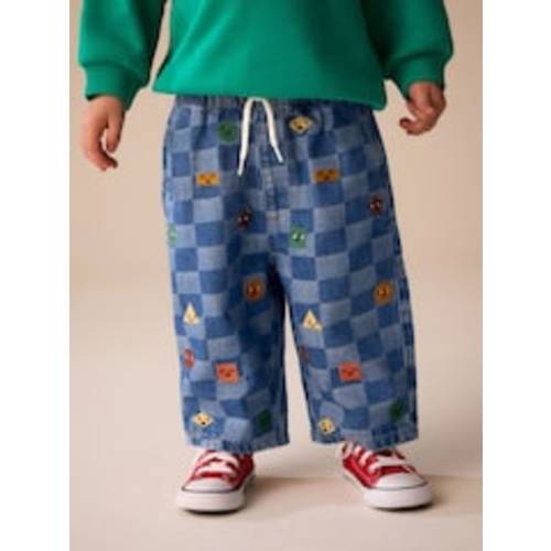 Buy Mid Blue Checkerboard With All Over Embroidery Wide Fit Jeans (0-3 months) from Next USA