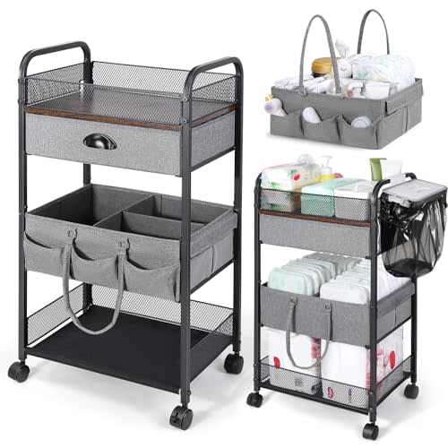 Orzbow Baby Caddy Cart Organizer, 4 Tier Baby Rolling Storage Cart with Drawer, Easy To Assemble, Detachable Infant Nursery Storage with Wheels for Bedroom, Changing Table & Crib, Gray