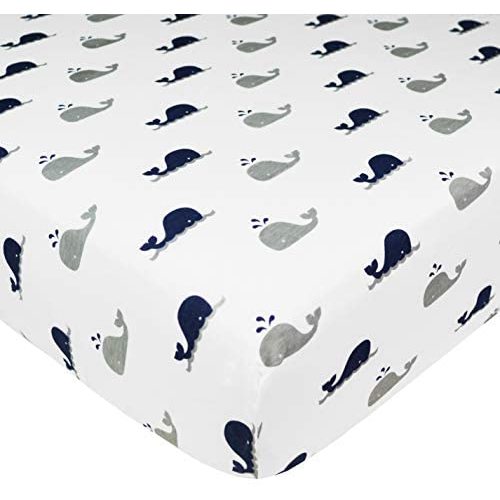 American Baby Company Printed 100% Cotton Jersey Knit Fitted Crib Sheet for Standard Crib & Toddler Mattresses, Navy Whale, for Boys & Girls