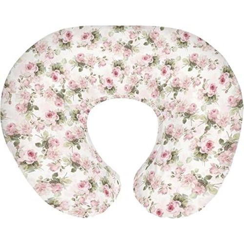 Cottage Chic Rose Flower Baby Nursing Pillow Covers for Boy Girl Pastel Pink Floral Leaves Nursery Pillowcase for Breastfeeding Pillows Vintage Country Blossoms Soft Stretchy Slipcovers for Newborn