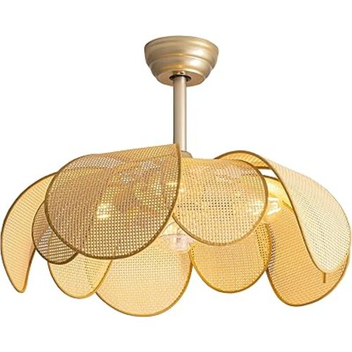 Rattan fandelier Ceiling Fans with Lights, Fandelier Chandelier Ceiling Fan and Remote,Boho,Flush Mount,Low Profile,for Bedroom,Living Room,(25.5 Inch,6 Speed