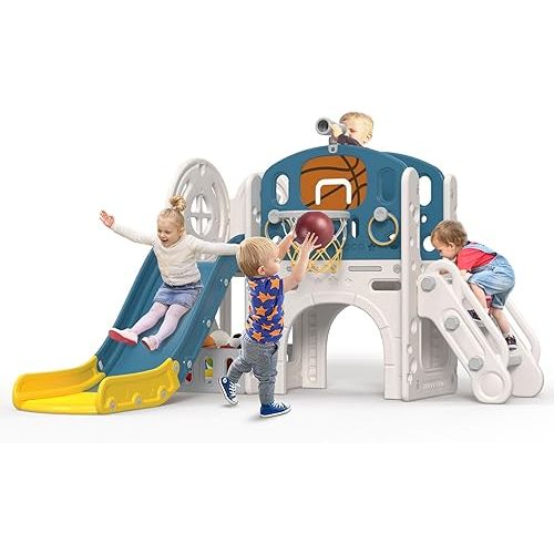 BIERUM 9 in 1 Toddler Slide, Kid Slide for Toddlers Age 1-3 with Ring Toss, Basketball Hoop, and Telescope, Indoor Outdoor Playset Playground Blue Yellow