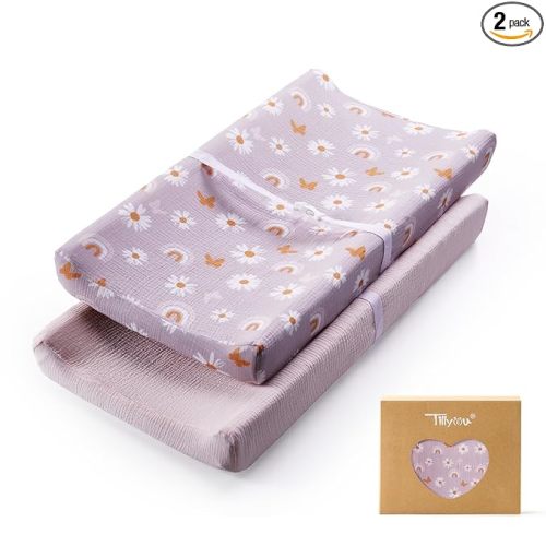 TILLYOU Muslin Changing Pad Cover for Baby Girls Boys, Soft and Breathable Cotton Diaper Changing Table Cover, 2 Pack(Pink Butterfly)